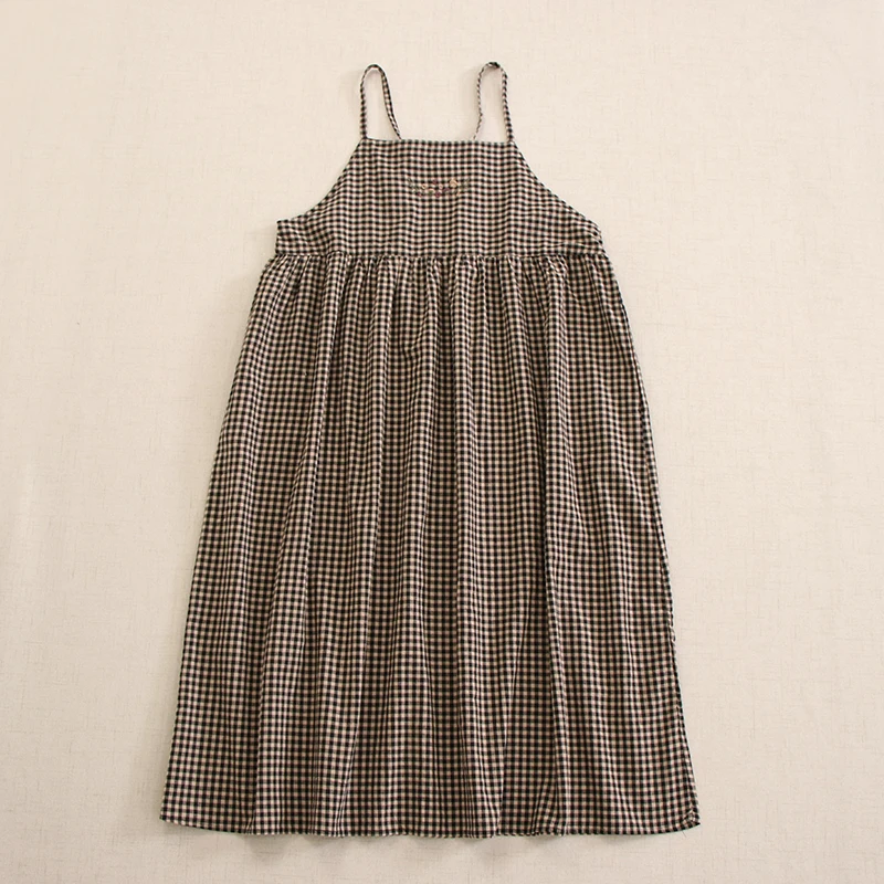 

Japanese Vintage Mori Girl Plaid Embroidery Spaghetti Strap Slip Dress Women Spring Summer Casual Loose A-Line Midi Dresses