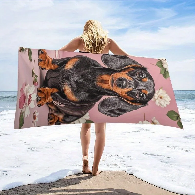 Newest Pink Floral Dachshund Sausage Dog Print Microfiber Beach Towel, Quick Dry Cute Pet Towel for Dog Lover Beach Trip