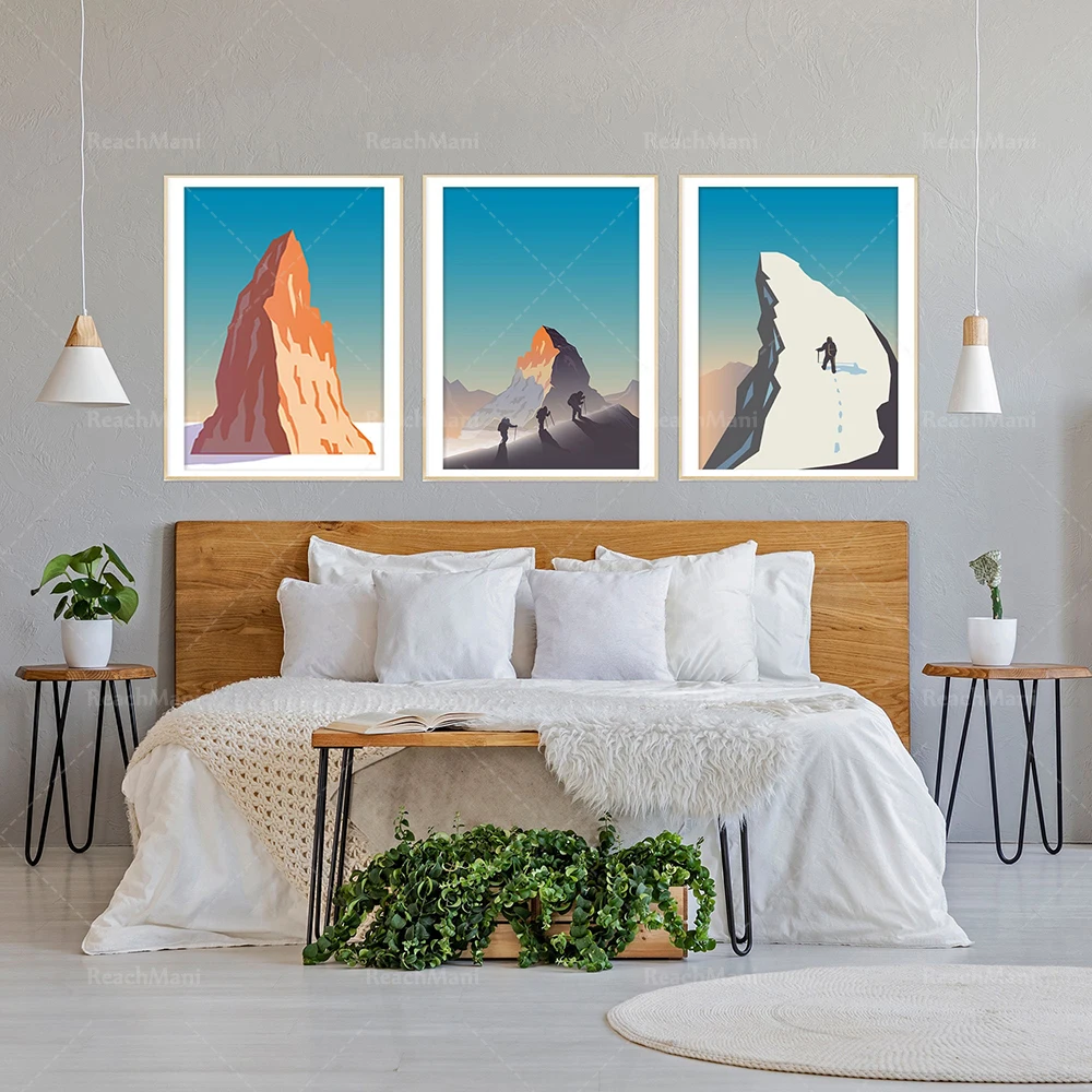 

Winter mountain hiking art poster, Scandinavian hiking landscape, colorful snowy Nordic mountains, minimalist sunrise scenery