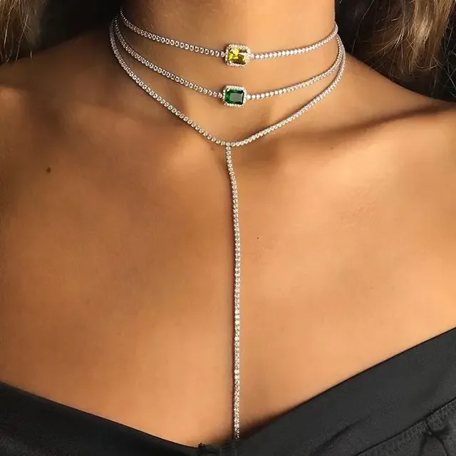 Colorful Rainbow Cz Tennis Chain Choker Necklace Gold Color Multi Layer Sexy Delicate Link Chain Gorgeous Jewelry