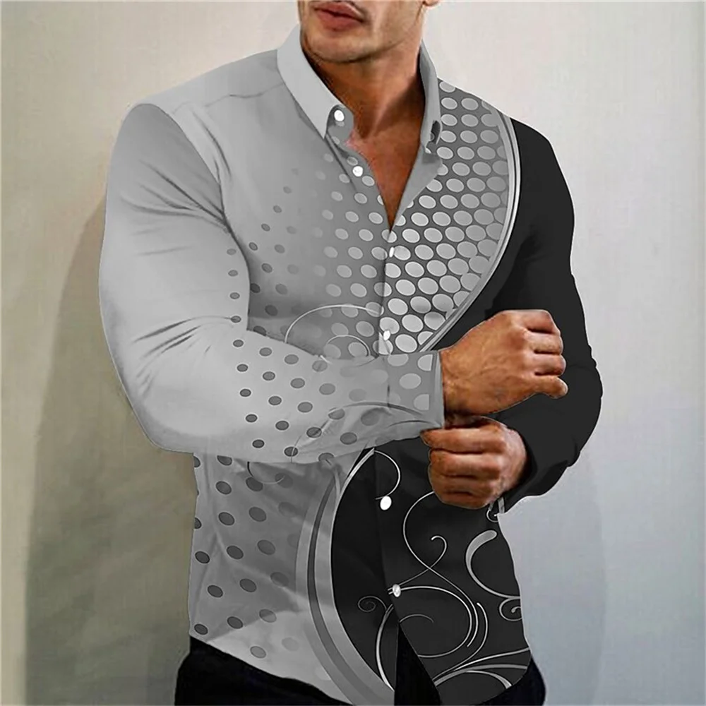 Camisa de manga larga para hombre, camisa con botones y solapa, ropa de fiesta informal con estampado de lunares, XS-6XL, 2024