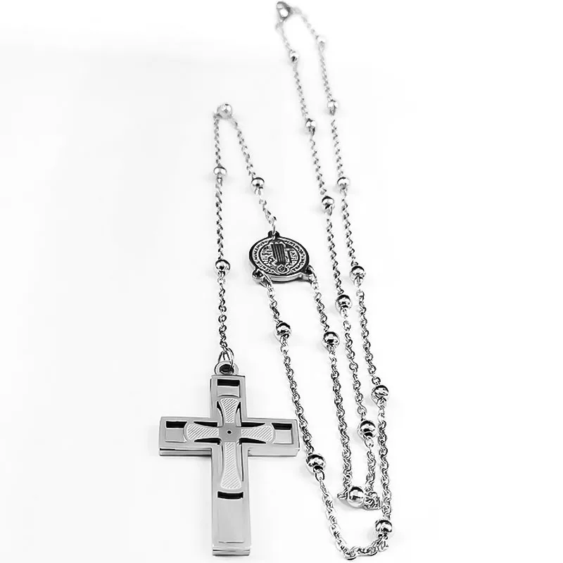 Cross Rosary Catholic Multilayer Necklace Saint Benedict Medal Beads Stainless Steel Silver Color Long Necklaces Jewelry N1172S0