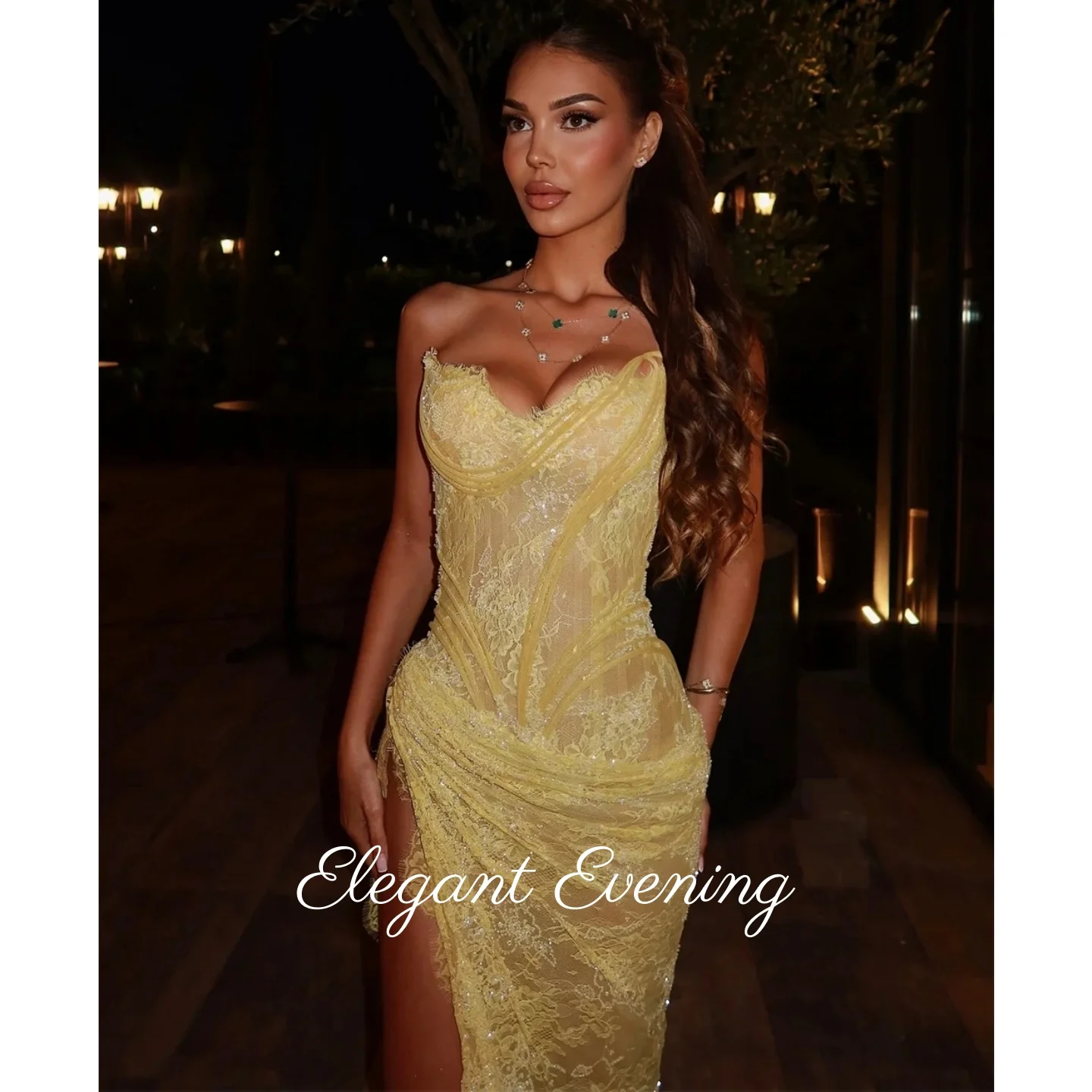 Personalizado amarelo sereia vestido de noite renda bordado lantejoulas sem mangas vestidos de noiva lado alta divisão formal vestidos de baile