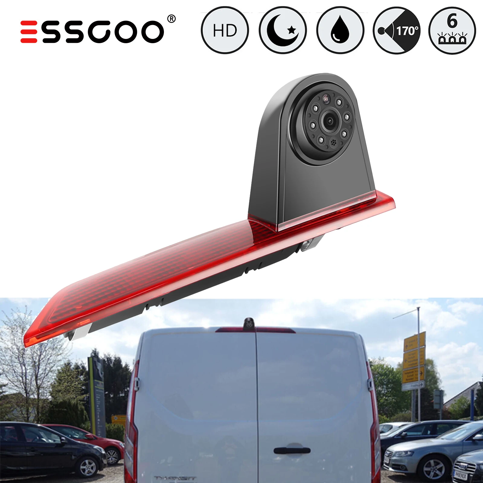 ESSGOO For Ford Transit Custom 2012-2016 3rd Brake Light Cover HD Rear View Backup Camera IP68 Waterproof Night Vision