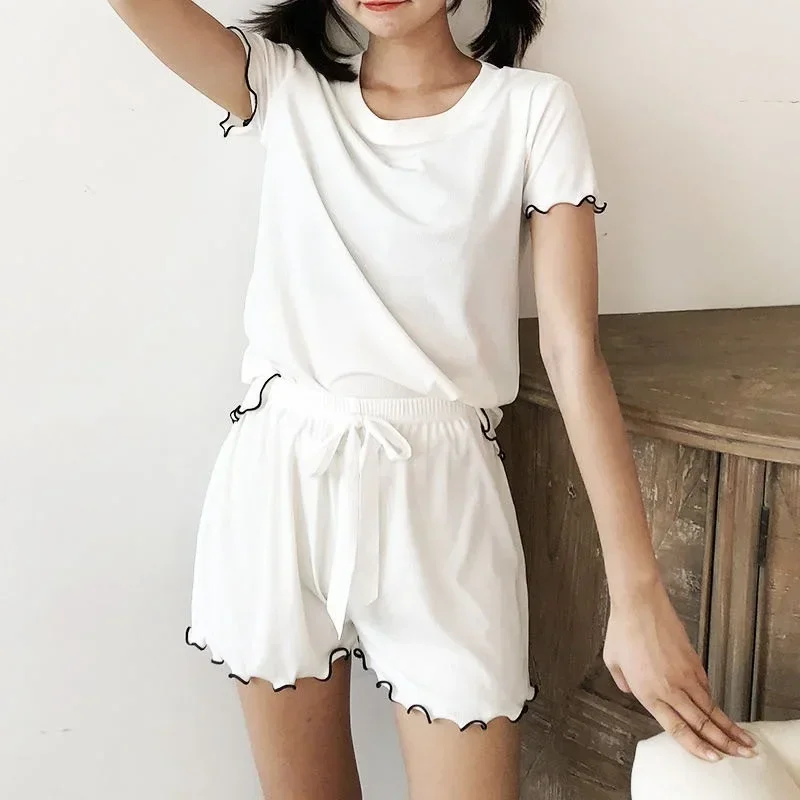 Women Pajama Set Short Sleeve Shirt+Shorts 2Pcs Suit Sleepwear Solid Homewear Female Nightwear 2024 Summer Home Clothes