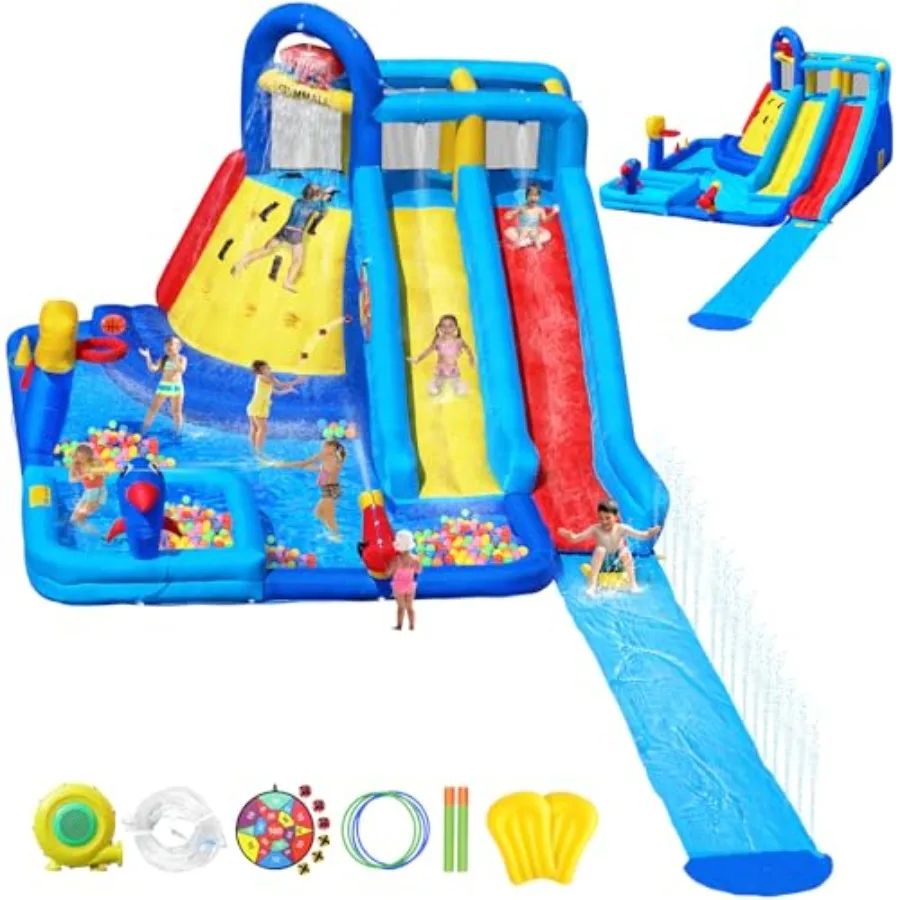 

Water Bounce House for 3-10 PVC Material Blue and Yellow Extra Large Double Slide with Ball Pit Climbing Wall Swim Pool 550W Bl