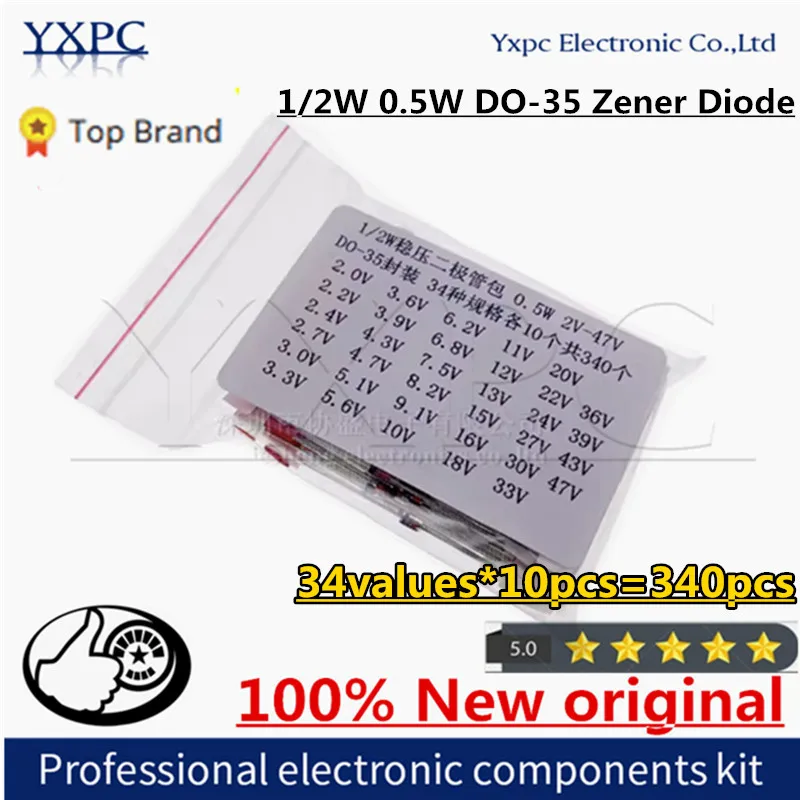 34values*10pcs=340pcs 2V-47V 1/2W 0.5W DO-35 Zener Diode Assorted kit Assortment Sets