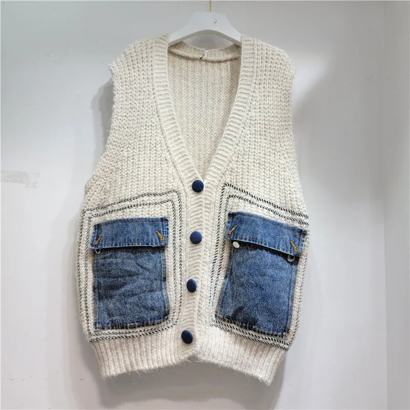 Fashion Knitted Vest Cardigan Women Denim Patchwork Loose V-neck Sweater Tank Top Outwear Sweater Vest Female Autumn Winter Tops