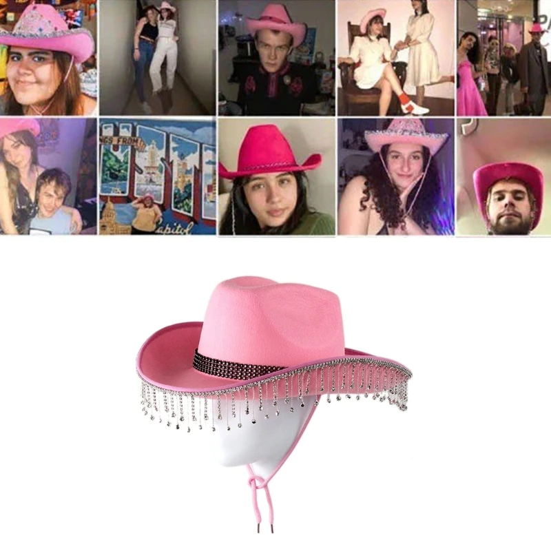 Pink West Cowboy Hat Western Cowgirl Women Girls Rhinestones Cowgirl Hat Carnival Party Cap West Costumes for Adults