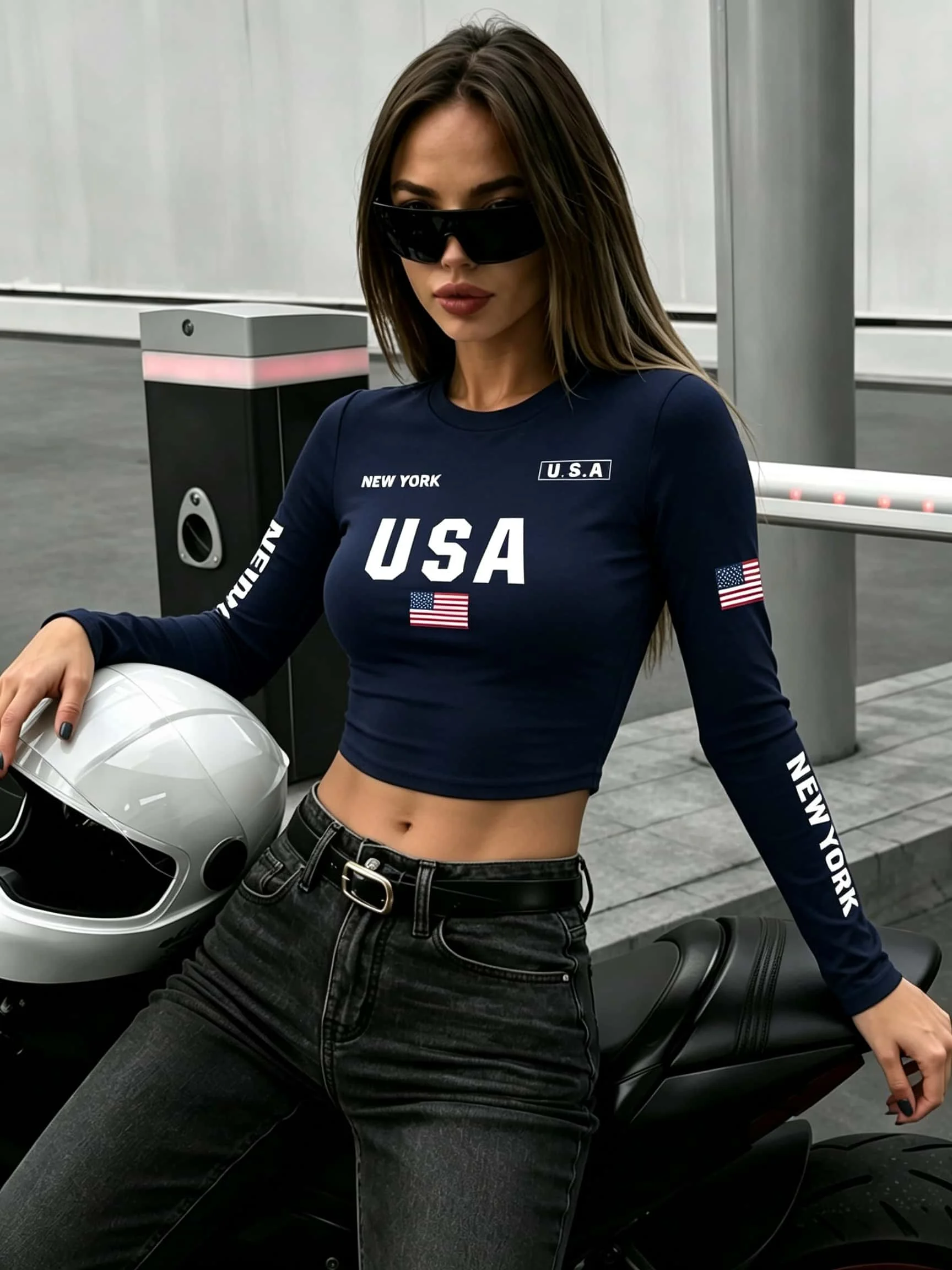 Women's Retro American Racing-Style Long-Sleeve T-Shirt with 