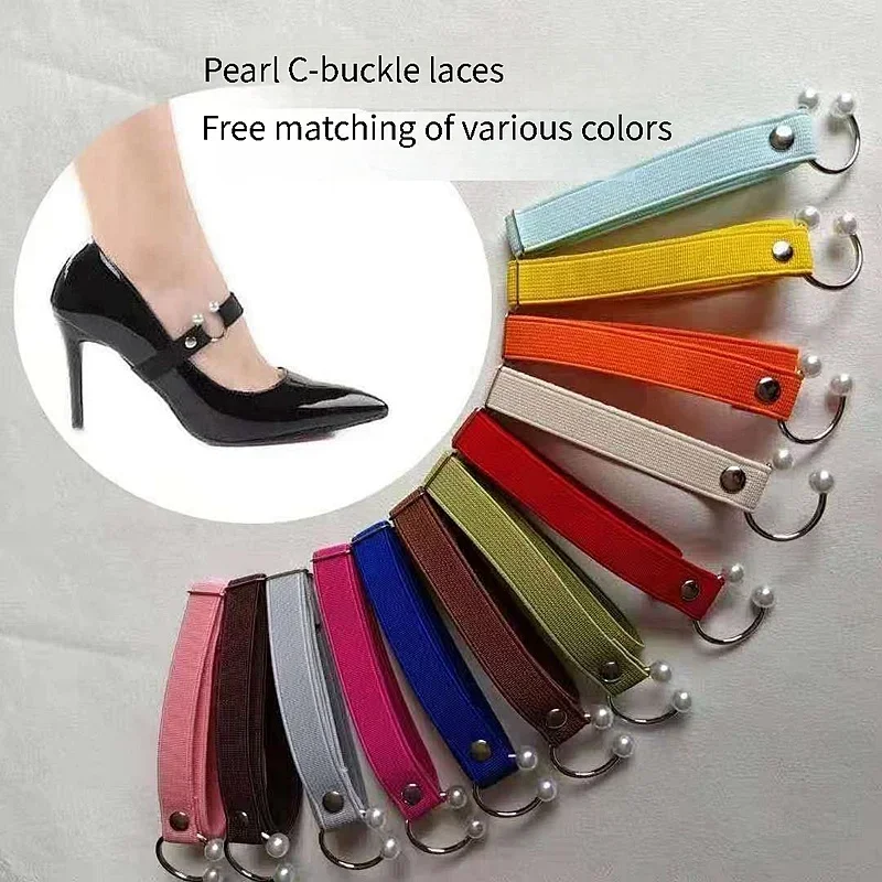 

New 1.5CM Width High Heels Shoelaces Women Elastic Laces Heel Shoes Belt U-shaped Pearl Buckle No Tie Shoelace Shoe Accessories