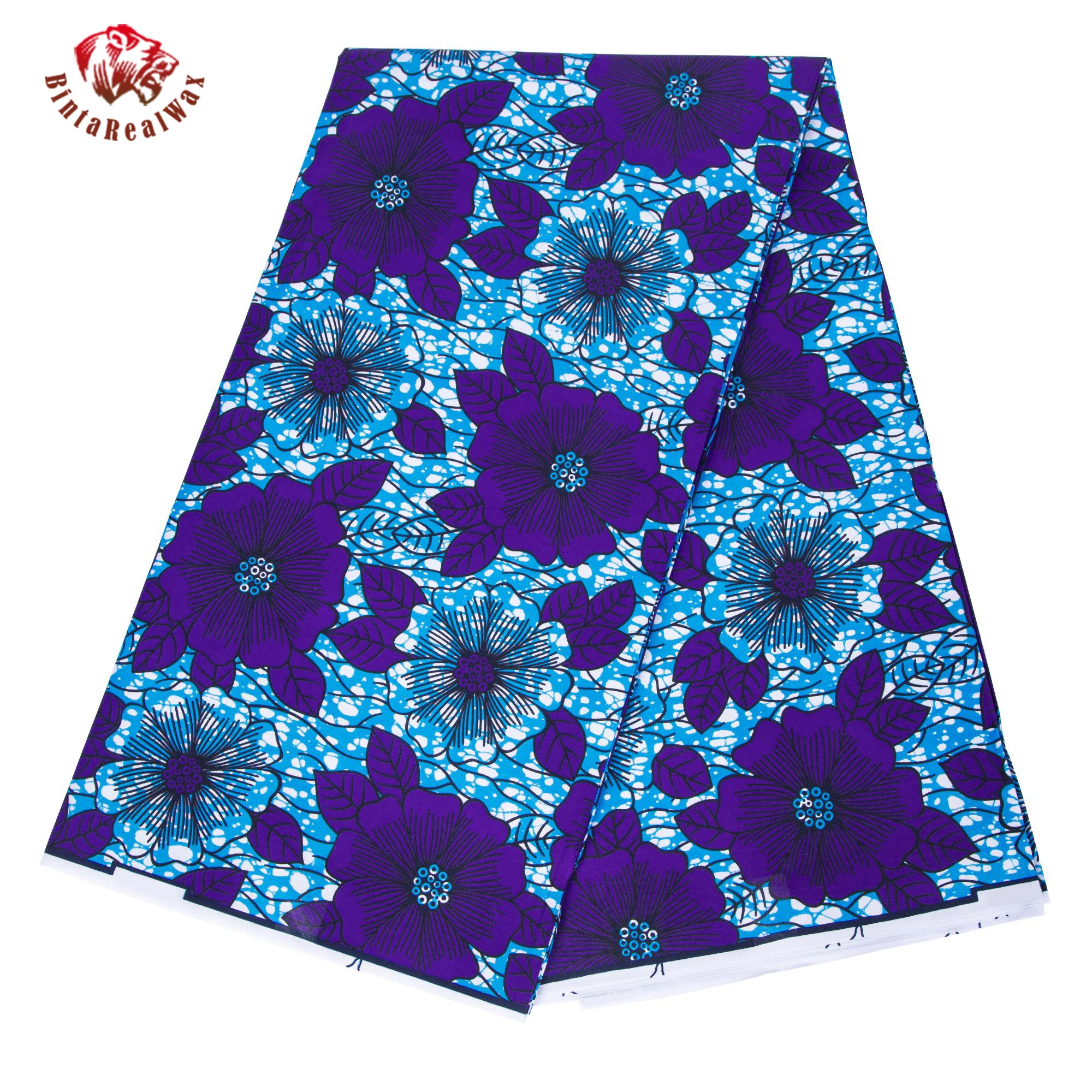 

African Batik Print Fabric Purple Flowers on Blue Background African Style Fabric for Women's Dress Home Decor Cloth FP6708