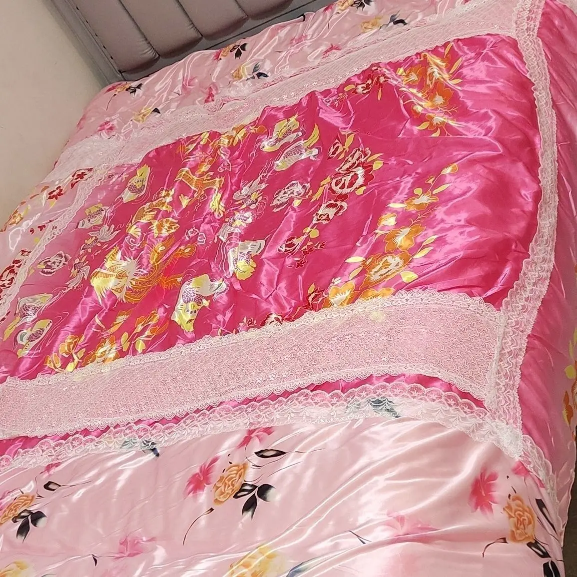 No cotton filling Glossy summer satin silk cover with zippe floral print bedspread home bedding