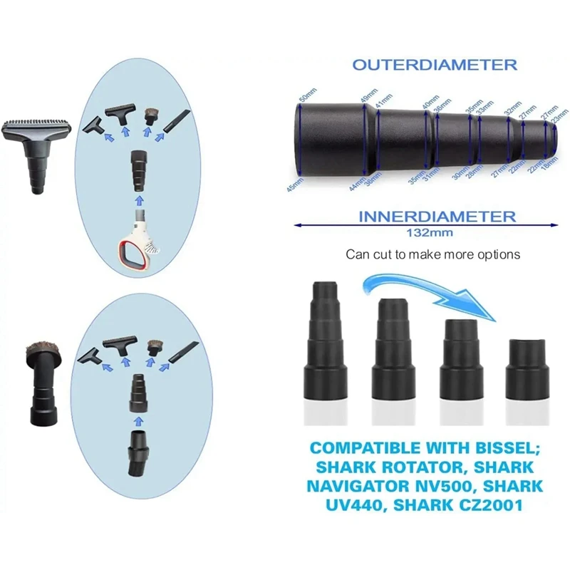 Vacuum Attachment Adapter 50/42/34/30/23Mm Black Soft Rubber Round Suction Hose Converter Dry Wet Use