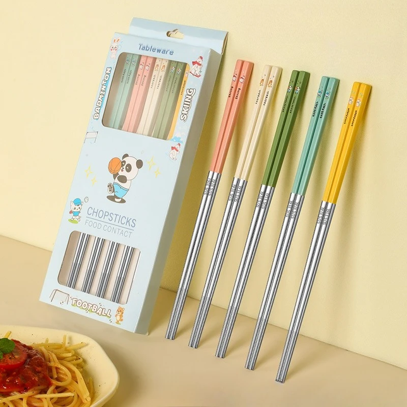 

5pairs Stainless Steel Chopsticks Colorful Cute Cartoon Chopsticks Set 25cm Chop Sticks Household Tableware Kitchen Accessories