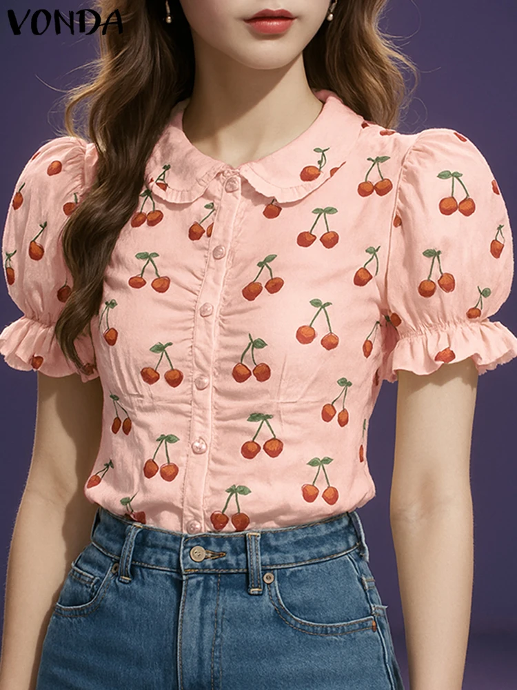 

Fashion VONDA Print Women Shirt Summer Tops Short Sleeve Blusas Buttons Streetwear Oversize Party Tunic Women's Clothing