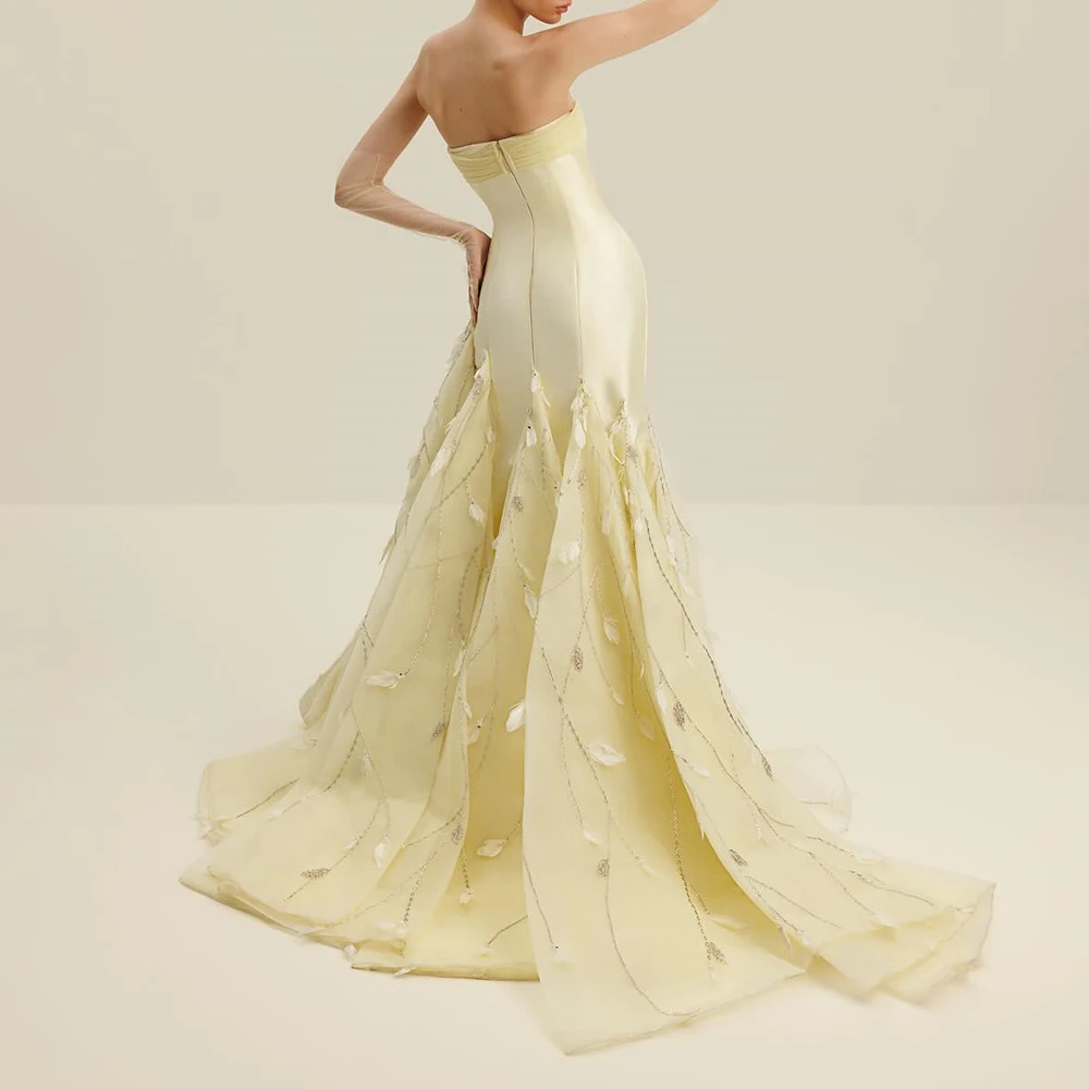 Customized  Exquisite Satin A-Line Appliques and Sequined Evening Dresses Strapless Sleeveless Panel Train Zipper Back