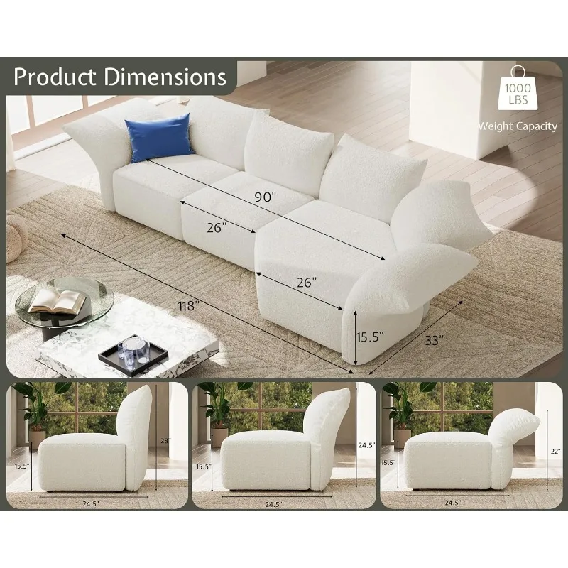 118 Inch Sectional Couch, 3 Seats Modular Sectional Sofa- Adjustable Arm and Backrest, Modern Sofa- Comfy Couches