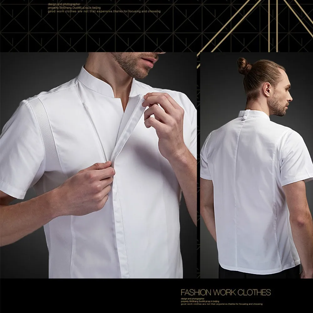 Uniforme de Chef à manches courtes, veste de cuisine respirante, chemise de travail unisexe pour serveur de Restaurant, hôtel, café, barbier