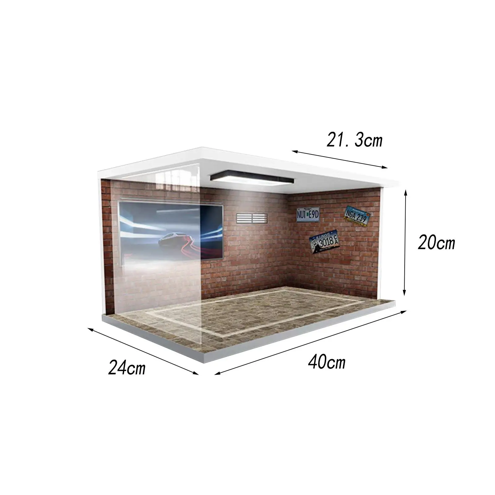 1/18 Scale Diecast Model Car Display Case Garage with Lights Display Stand Dustproof Parking Lot Scene for Model Collectors
