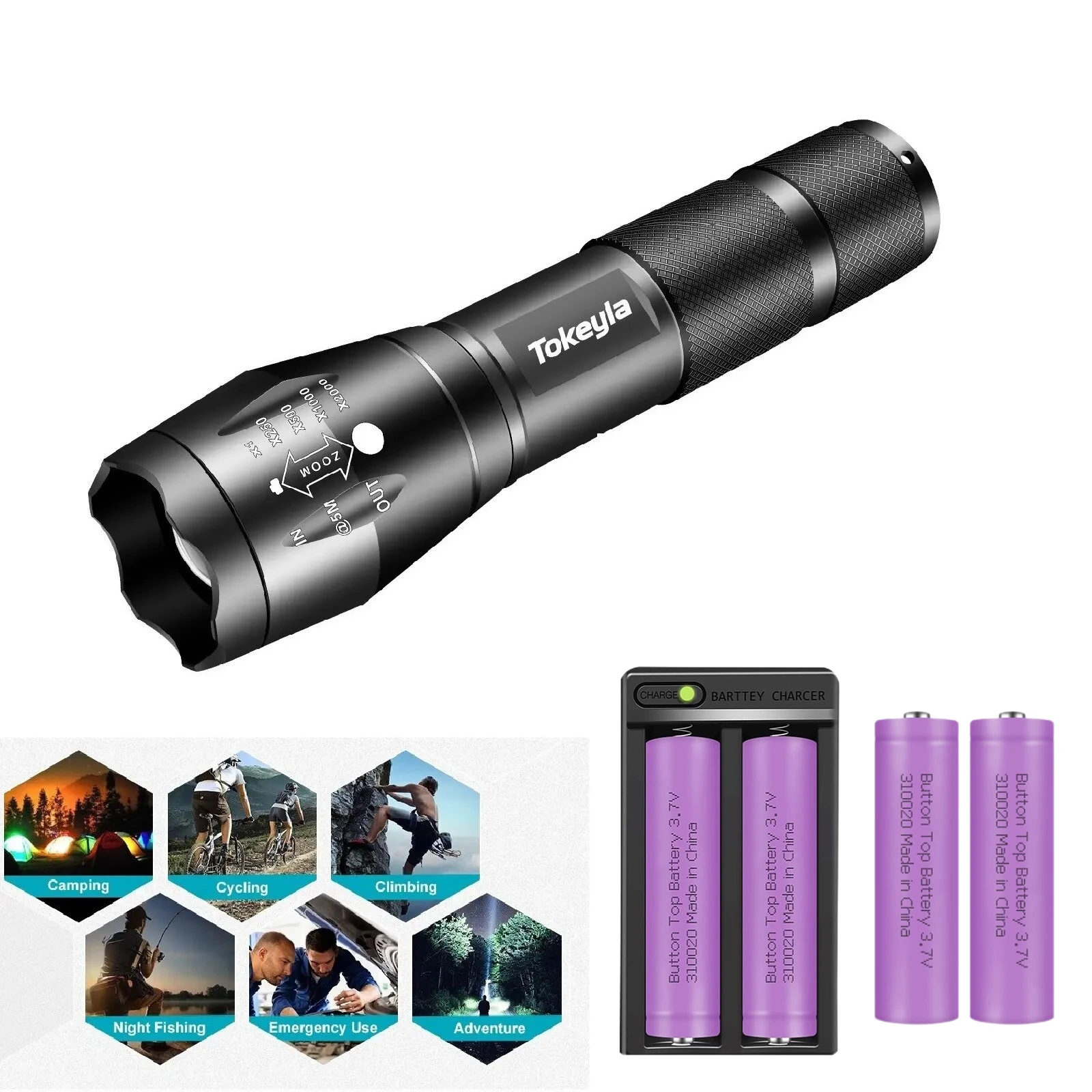 Skywolfeye Super Light Led Flashlight Set 5 Lighting Modes Zoomable Torch with 2 Slot Battery Charger for Hiking