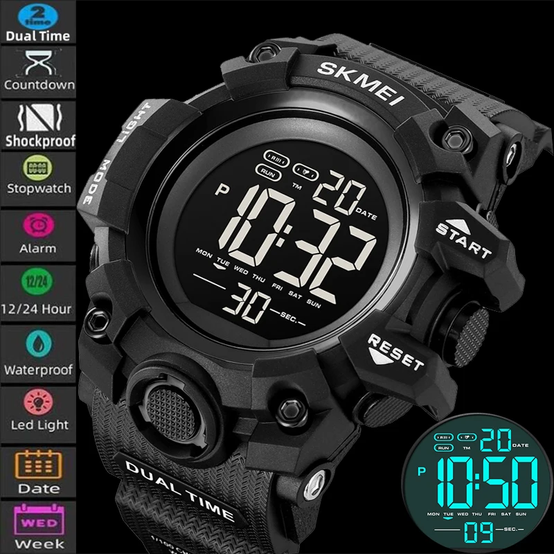 

Skmei Men's Digital Sport's Waterproof Watches Fashion Big Size Dial Soft TPU Strap Led Chronograph Dual Time Male Alarm Clock