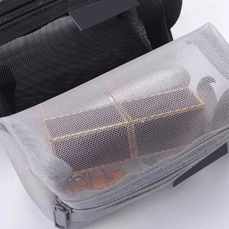 กระเป๋าเครื่องสำอางตาข่ายถุงใส่ของแบบตาข่ายสี่เหลี่ยมแบบพกพาพร้อมซิปตาข่าย tas kosmetik กระเป๋าเข้าห้องน้ำแบบพกพาทรงสี่เหลี่ยมขนาดเล็ก12ชิ้น