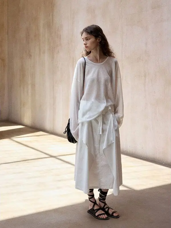 

Original Hello September Summer New Silk Linen Thin Transparent U-ne Cover up M8838 Korean Sle Loose Fit Long Sve