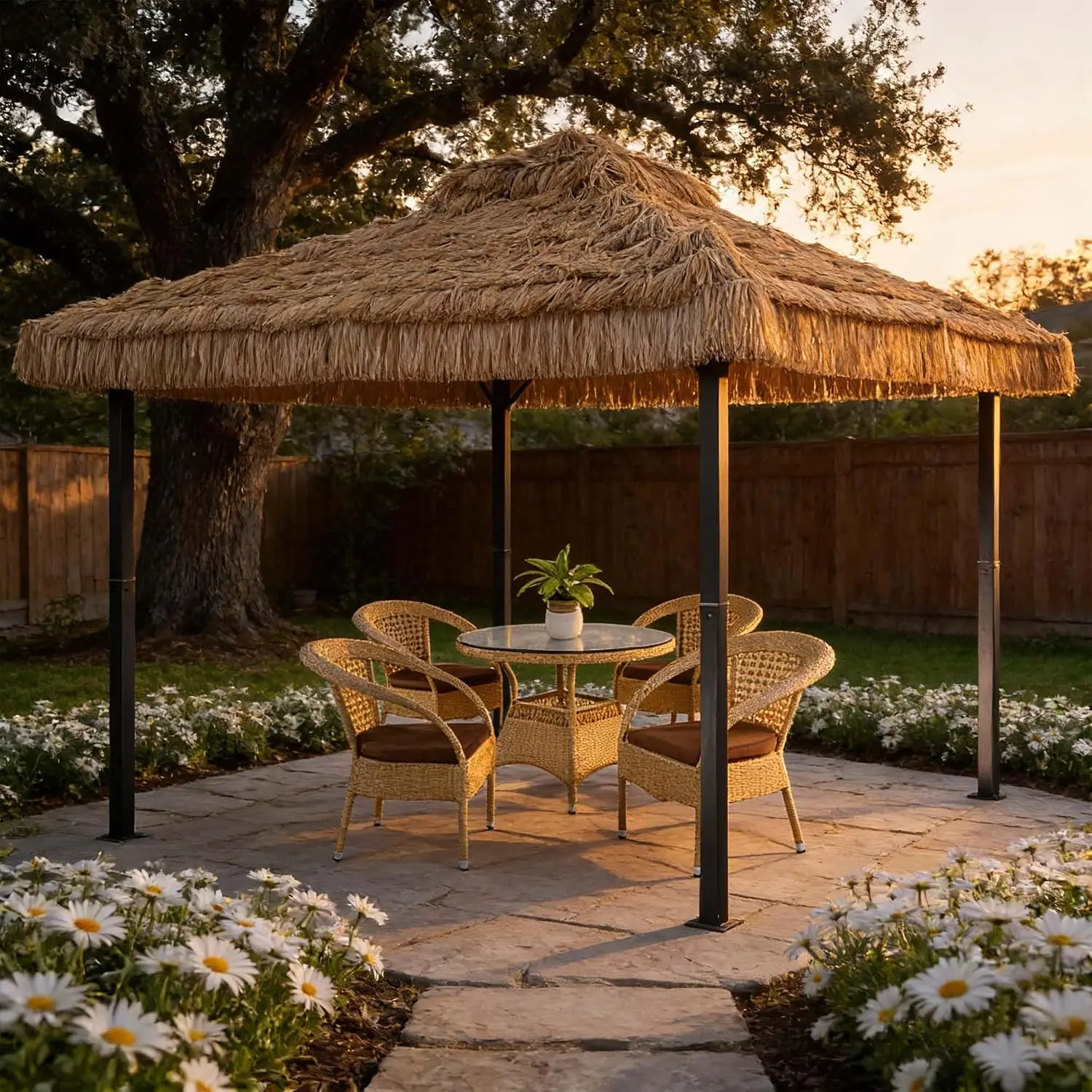 10x10 Tiki Bar Gazebo with Straw Thatch Roof, Hawaiian Canopy Tent for Patio Courtyard Bar Camping, Khaki, Customized