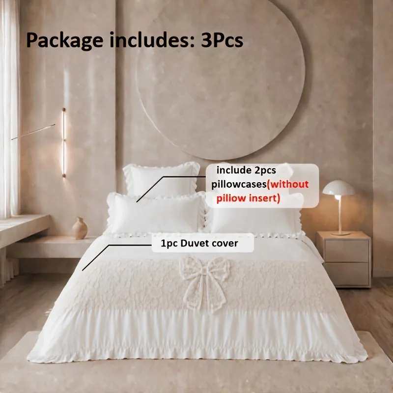 3Pcs Elegant White Lace Bow Duvet Cover Set Premium Soft Fluffy Breathable Bedding, 1 Duvet Cover 2 Pillowcases S/D/Q/K/SK Size