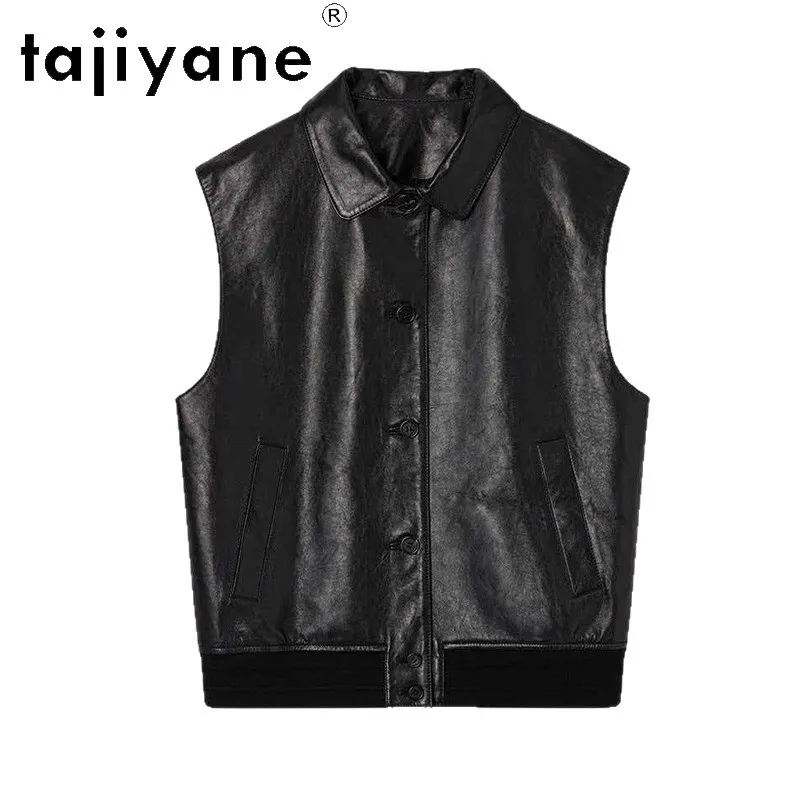 TAJIYANE Oil Wax Sheepskin Waistcoat Genuine Leather Jacket Women Leather Overcoat Oversized Vest Lapel Sleeveless Veste Femme