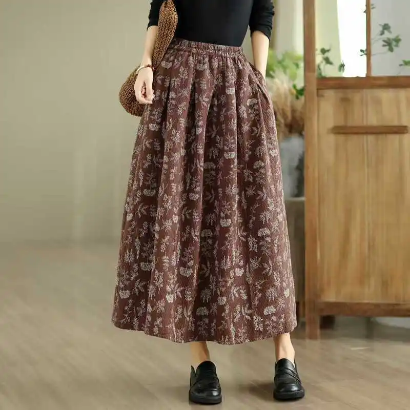 

Японские винтажные жаккардовые хлопковые юбки с цветочным принтом Mori Girl, женские осенние новые ретро повседневные свободные юбки трапециевидной формы с эластичной резинкой на талии