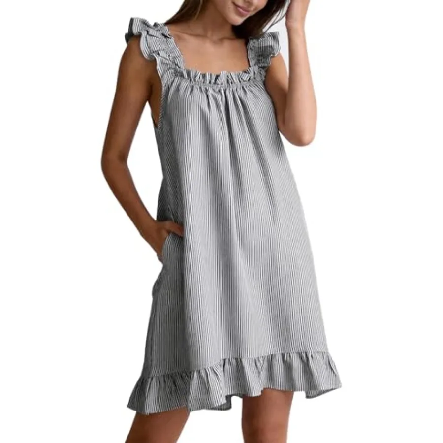 Kissonic Cotton Nightgowns for Women Soft Sleeveless Striped Ruffle House Dress Summer Casual Night Gowns with Pockets