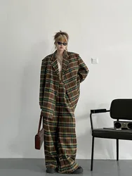 Vintage Colorblock Patchwork Plaid Blazers +Plaid Wide Leg Pants High Street Two piece sets 2023 Spring Autumn