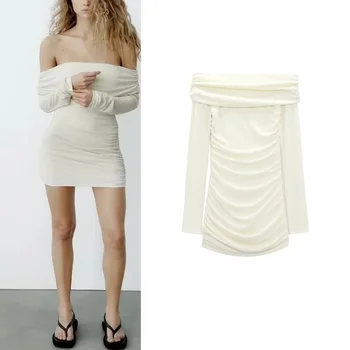 봄 새로운 여성 의류 섹시한 스트레이트 오프 숄더 셔링 가장자리 Strapless 짧은 드레스 3067320