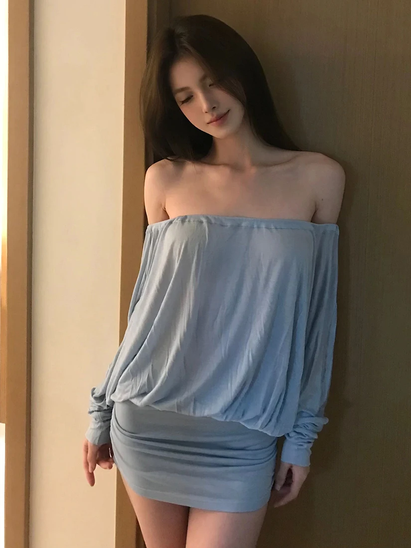 

SylCue Sexy Pure Desire Blue One Shoulder Long Sve Dr High Waist Pleated Bodycon Skirt for Women Summer Polyester Fiber