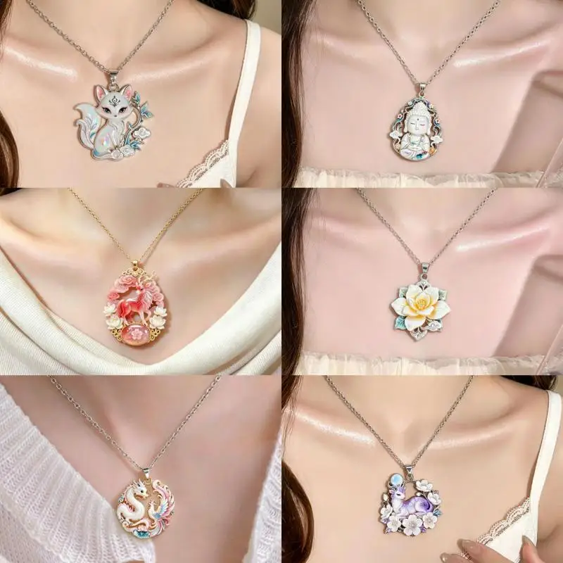 Nine Tailed Fox Enamel Pendant Necklace Glow-in-Dark Optional Chinese Mythology Jewelry for Women Night Out Gift