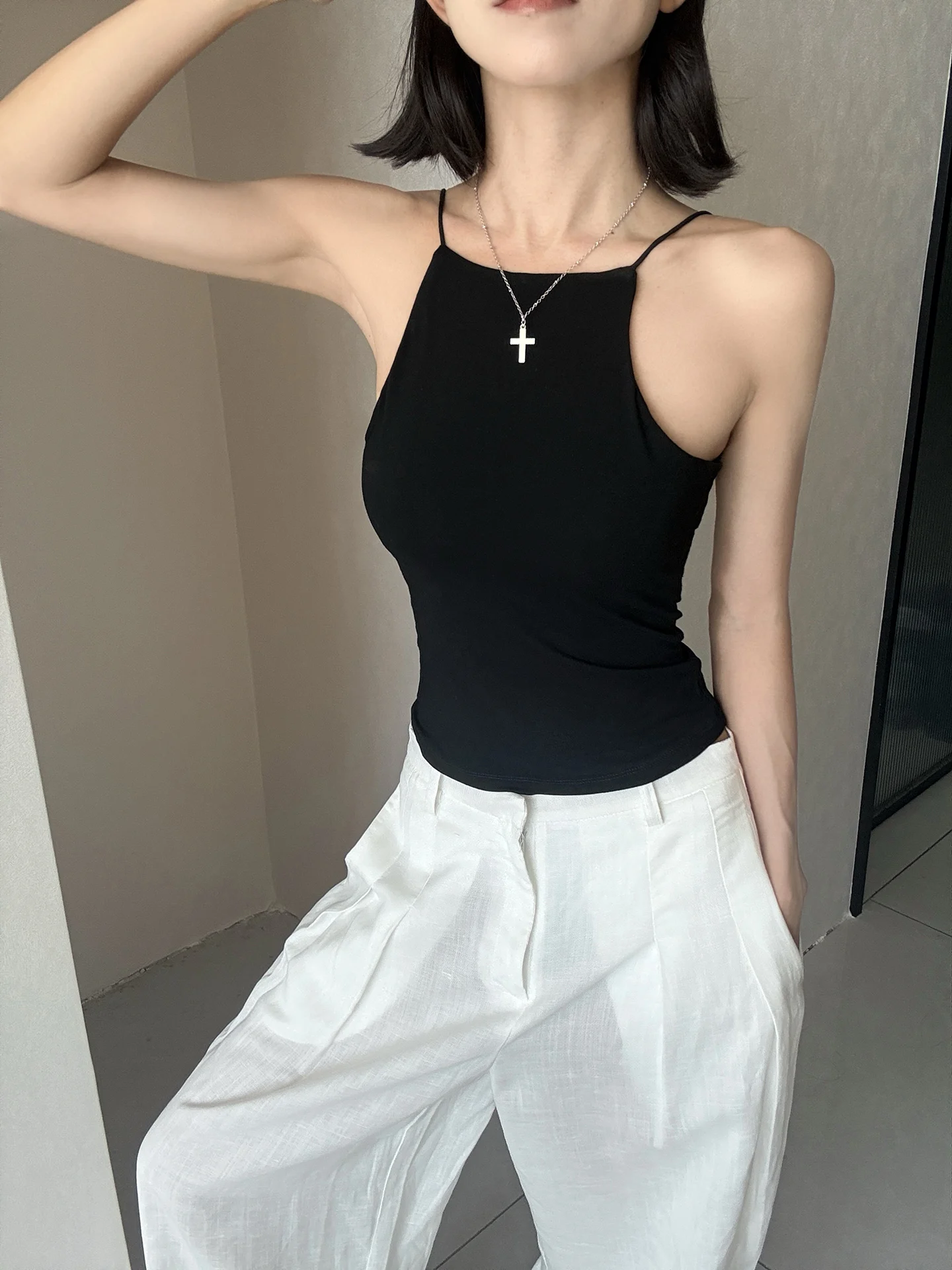 Sweet Pink Sexy Backless Tight Neck Hanging Vest Women's Summer Thread Short Model Fitting Top Cotton Village Brand