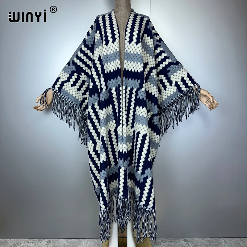 

WINYI African Winter print tassel cardigan woman abaya dubai luxury outfits for women coat Open Front Kimonos long down poncho