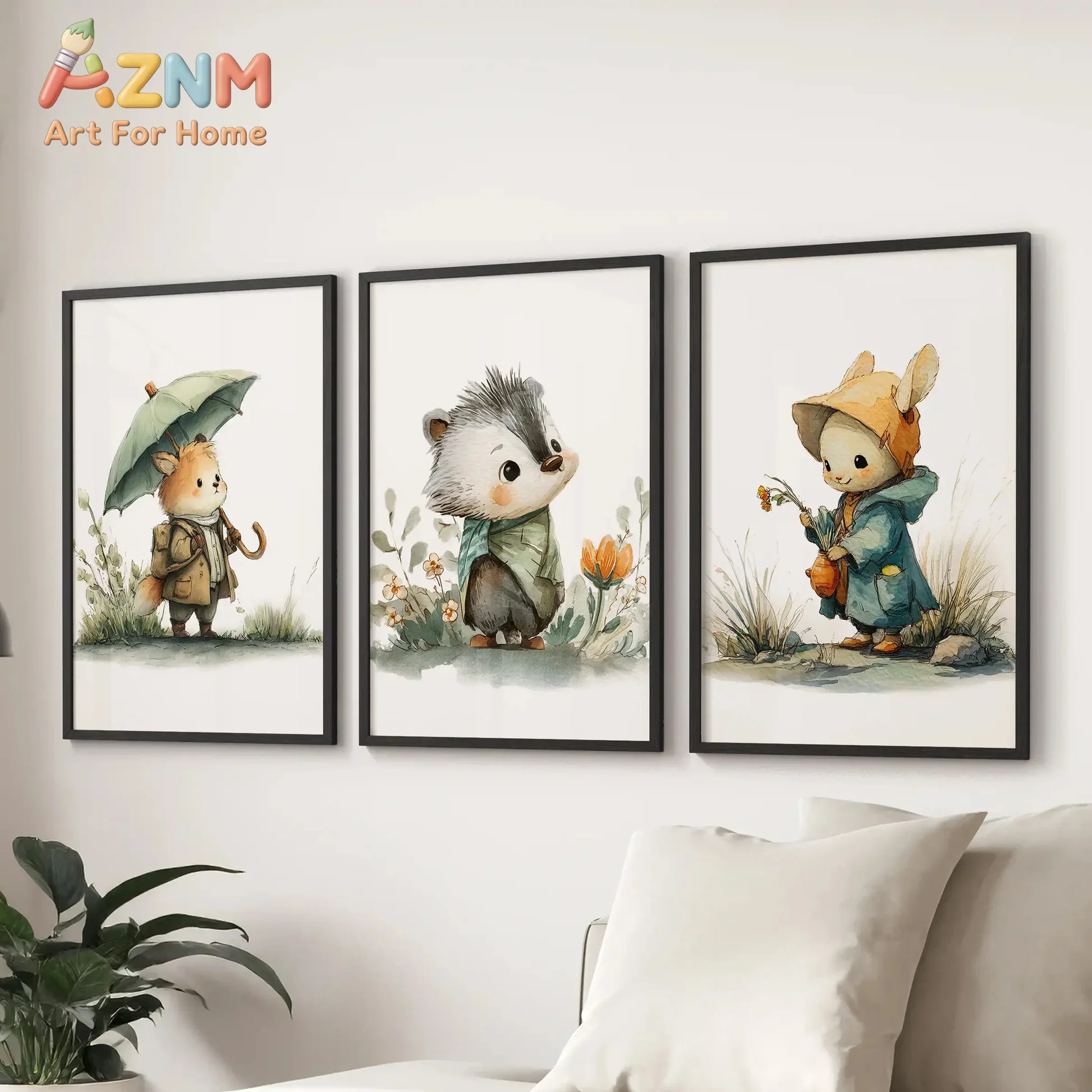 AZNM Watercolor Cute Forest Animal Canvas Wall Art Frameless Poster Fox Hedgehog Rabbit Print Home Decor for Nursery Kids Bedroo