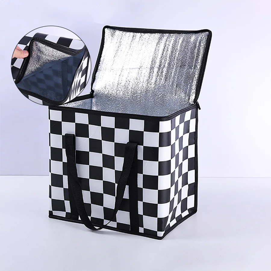 Retro checkered insulated bag, large-capacity heat-insulated storage bag, reusable , suitable for outdoor camping, picnics
