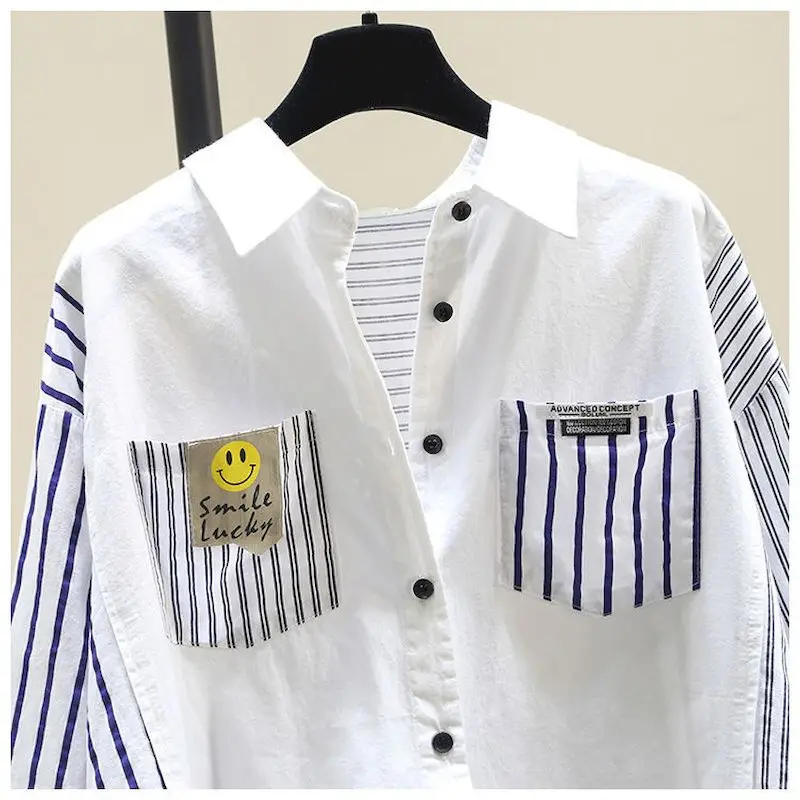 Blouses Women Stitching Striped White Shirts 2024 Spring Autumn New Tops Korean Style Loose Mid-length Shirt Casual Top Coats