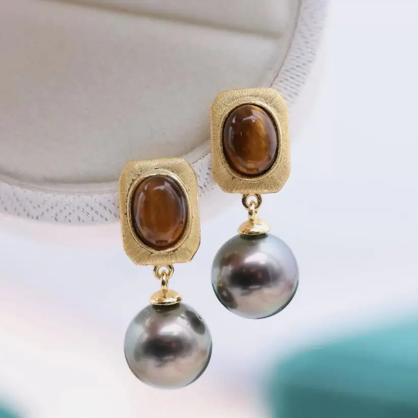 stunning 10-11mm 9-10mm tahitian round black green pearl dangle earring 925s