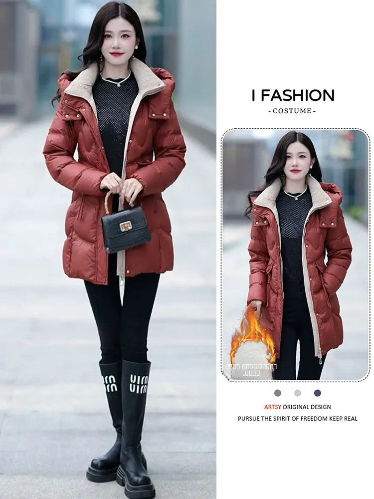 

Утепленное хлопковое пальто Sli Thiened для женщин: зимнее, с капюшоном, с завышенной талией, теплое, комфортное, средней длины, на пуговицах