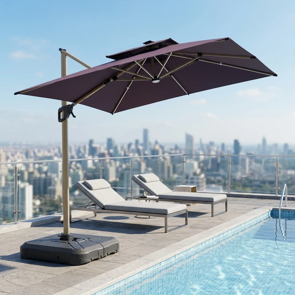3x3M Double Top Cantilever Parasol Outdoor Square Offset Patio Umbrella with Heavy Duty Water Filled Base for Garden Ready Stock