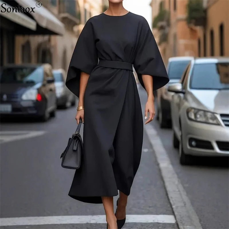 

Spring Autumn Womens Fashion Bat Sleeve O-Neck Slim Waist Dresses Lady Elegant Solid Color Casual Ruffled Mid-Calf Dress 2025
