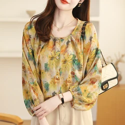 Women Summer Korean Simplicity Loose Printing Chiffon O-neck Long Sleeve Shirts Women Clothes Casual All-match Office Lady Tops