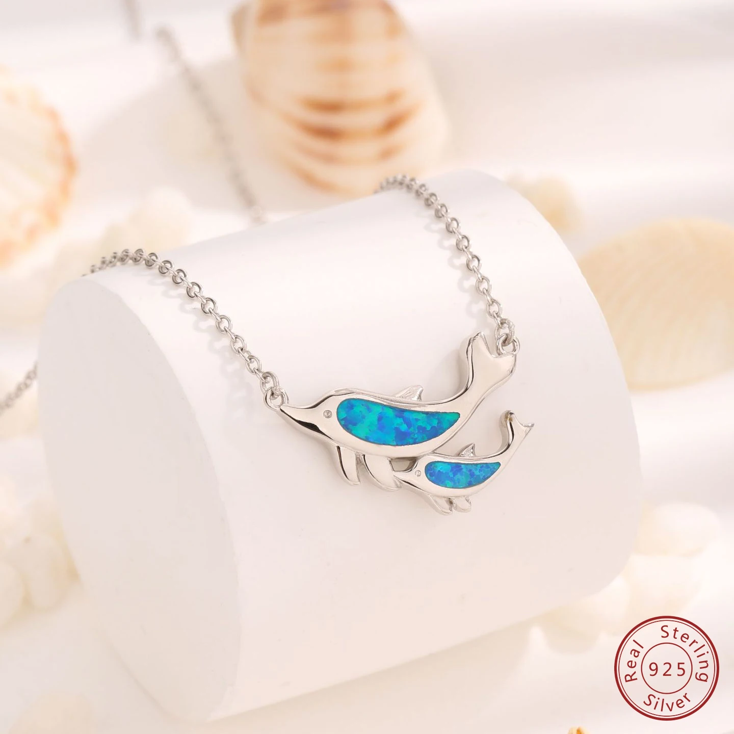 

2025 Лидер продаж, 100% стерлинговое серебро 925 пробы, ожерелье с двойными дельфинами и синим опалом, элегантное модное универсальное трендовое женское ожерелье