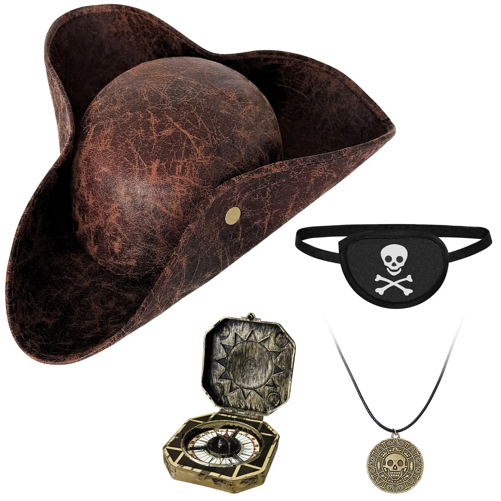 4PCS Pirate Hat,Renaissance Pirate Tricorn Hat with Eye Patch & Necklaces for Halloween Cosplay