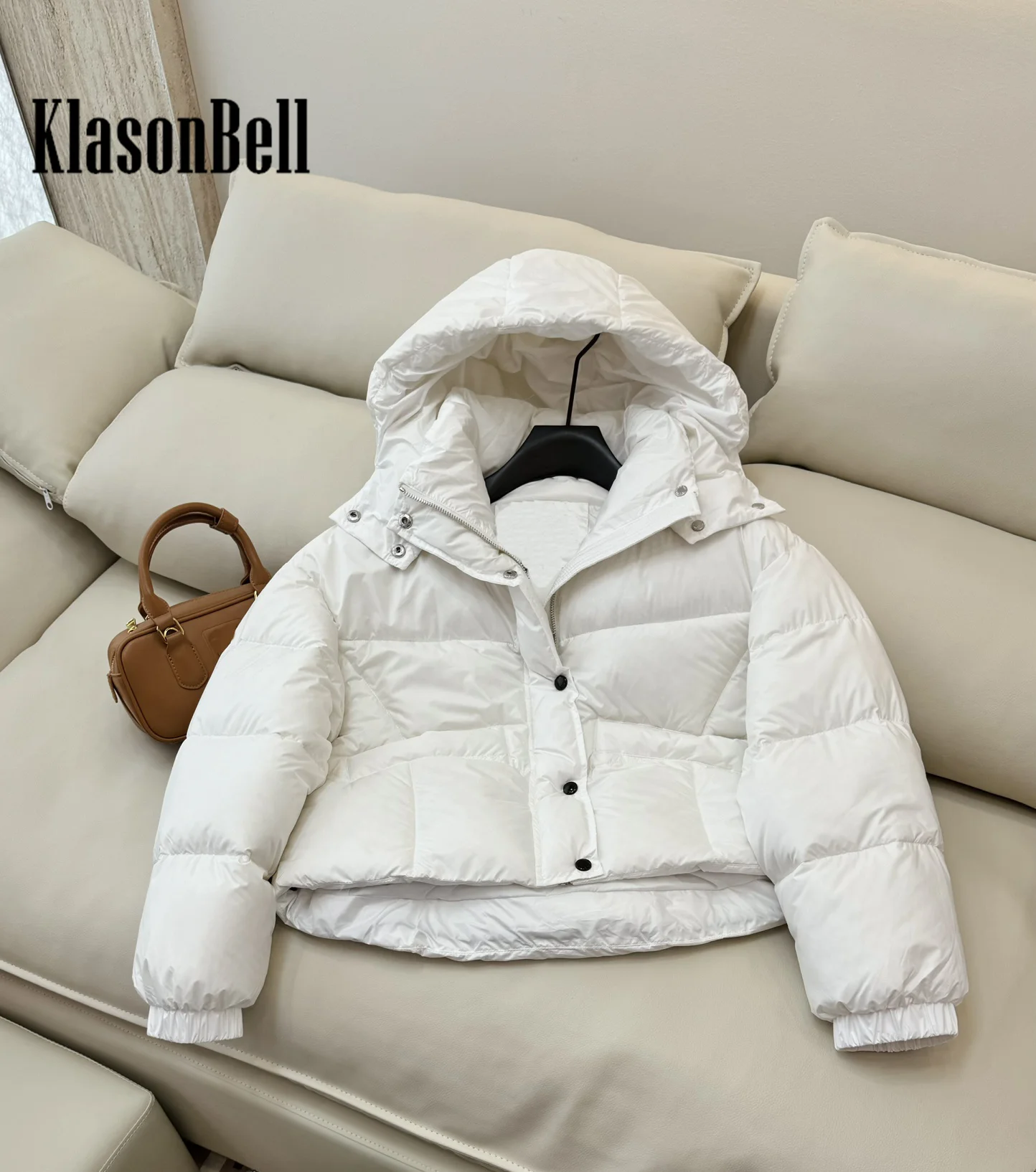 9.4 KlasonBell Women Fashion Drawstring Hat Detachable  White Goose Down Bread Jacket Double Pocket Elastic Cuff Down Coat